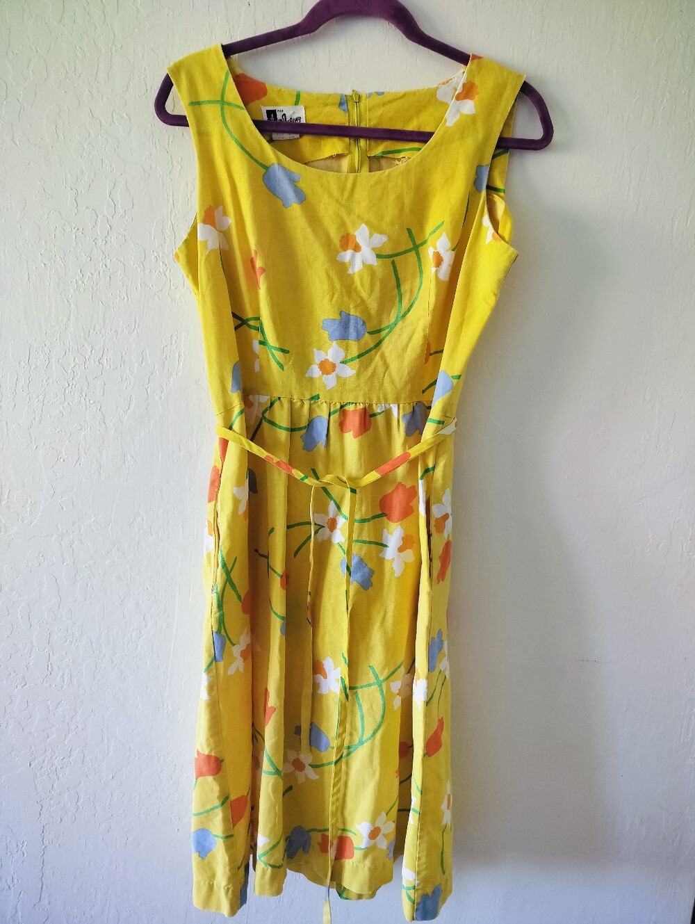 Vintage 60s 70s Malia Hawaii Floral Sundress Yellow Daffodil Tulip Pocket L XL